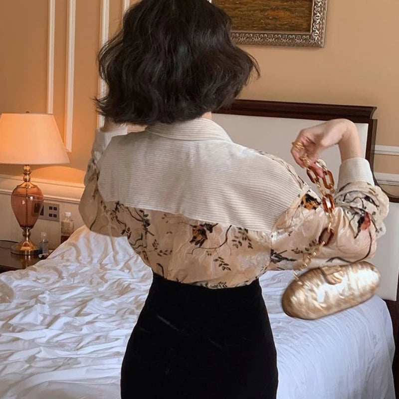 Ivory Botanical Bird Blouse | Neo-Chinese Top, Botanical Print Shirt, Elegant Daily Wear