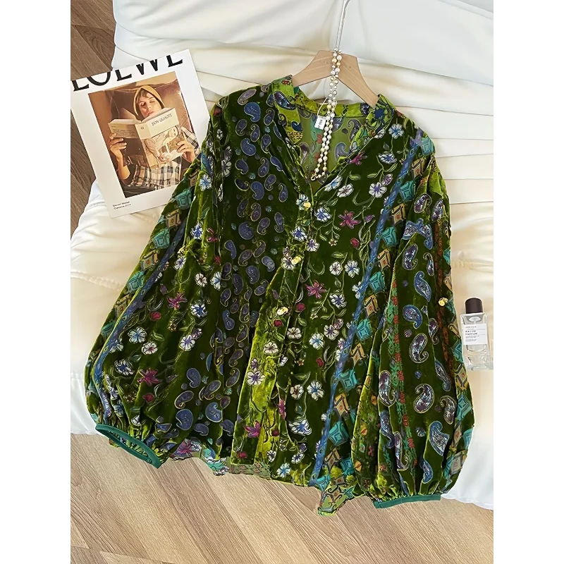 Emerald Velvet Mosaic: Lantern-Sleeve Vintage Blouse | Neo-Chinese Top, Lantern Sleeve, V-Neck, Botanical Velvet, Daily or Evening Wear