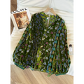 Emerald Velvet Mosaic: Lantern-Sleeve Vintage Blouse | Neo-Chinese Top, Lantern Sleeve, V-Neck, Botanical Velvet, Daily or Evening Wear