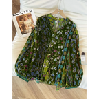 Emerald Velvet Mosaic: Lantern-Sleeve Vintage Blouse | Neo-Chinese Top, Lantern Sleeve, V-Neck, Botanical Velvet, Daily or Evening Wear