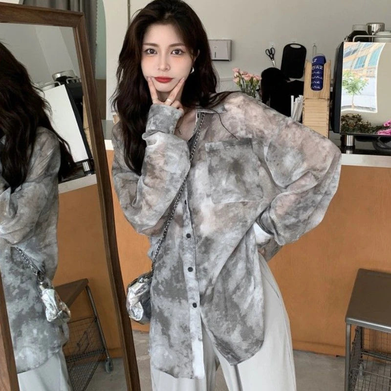 Ink-Wash Mist: Oversized Tie-Dye Shirt | Vintage Sun-Protection Summer Blouse | Breathable Korean Style Top