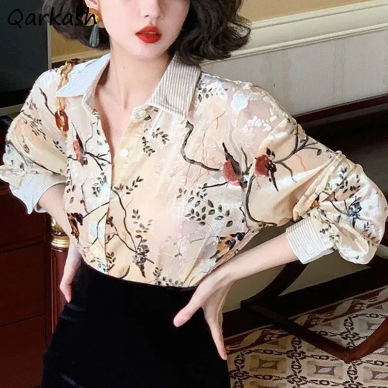 Ivory Botanical Bird Blouse | Neo-Chinese Top, Botanical Print Shirt, Elegant Daily Wear