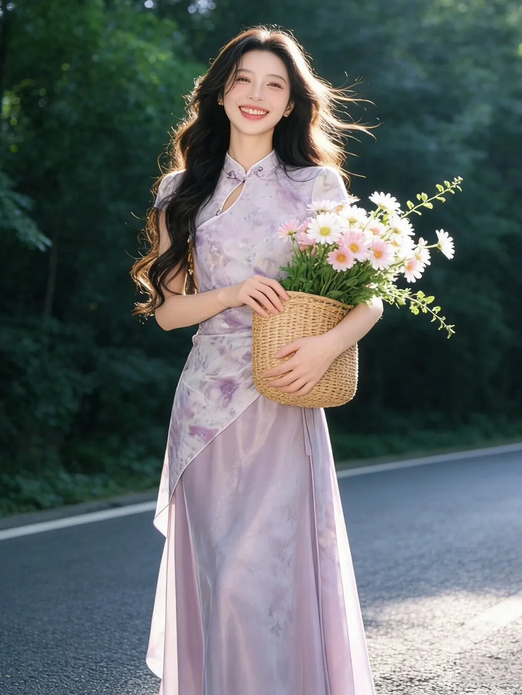 Lilac Floral Asymmetric Maxi Qipao Dress | Neo-Chinese Cheongsam, Elegant Summer Dress, Garden Party & Daily Wear
