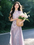 Lilac Floral Asymmetric Maxi Qipao Dress | Neo-Chinese Cheongsam, Elegant Summer Dress, Garden Party & Daily Wear