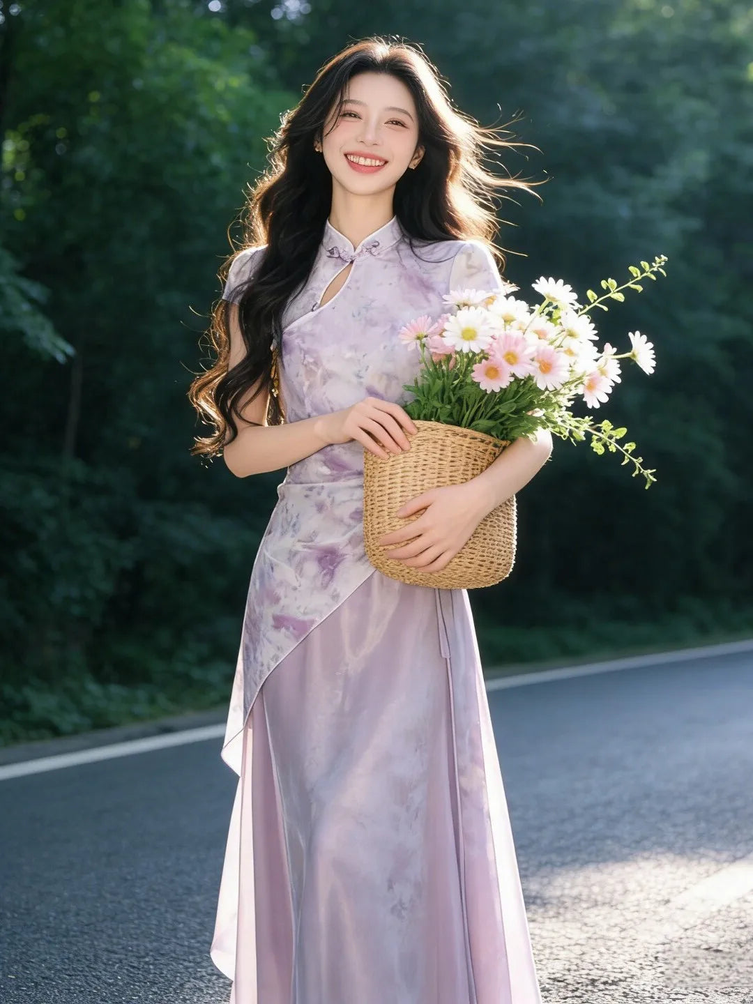 Lilac Floral Asymmetric Maxi Qipao Dress | Neo-Chinese Cheongsam, Elegant Summer Dress, Garden Party & Daily Wear