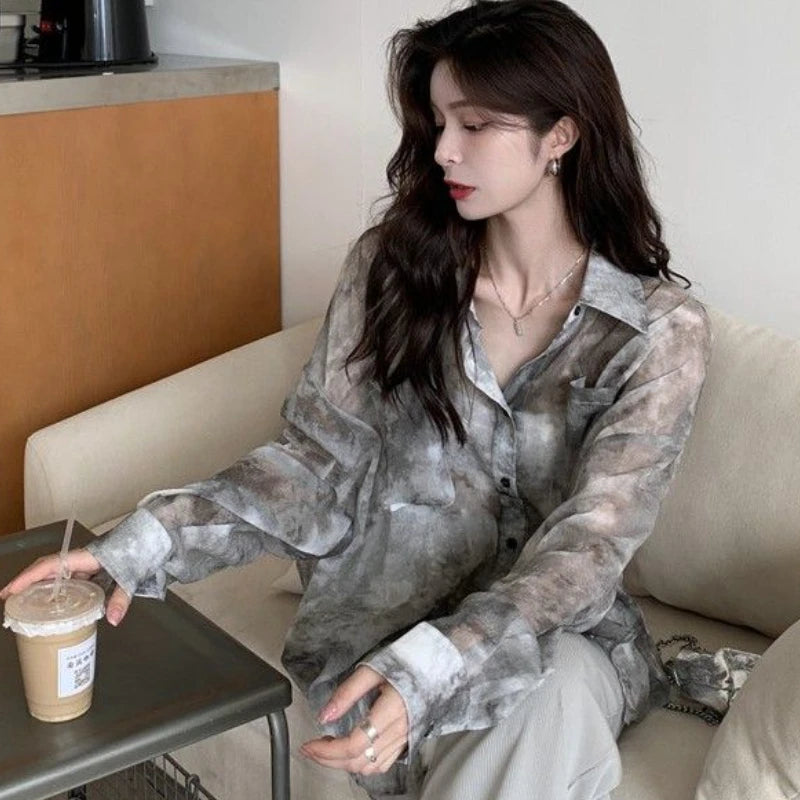 Ink-Wash Mist: Oversized Tie-Dye Shirt | Vintage Sun-Protection Summer Blouse | Breathable Korean Style Top