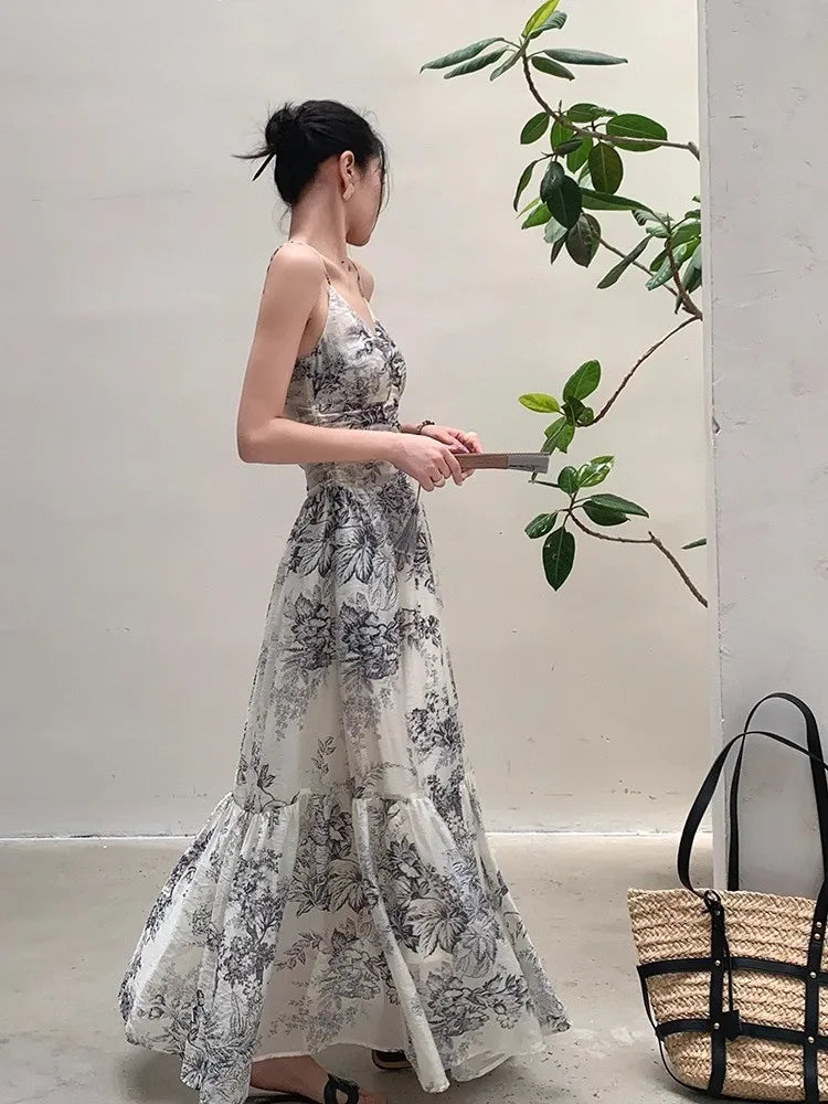 Ivory Ink Botanical Camisole Maxi Dress | Neo-Chinese Qipao, Ink-Wash Print, Summer Evening Dress, Garden Photoshoot