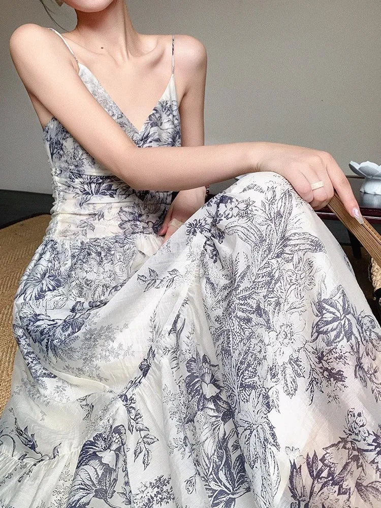 Ivory Ink Botanical Camisole Maxi Dress | Neo-Chinese Qipao, Ink-Wash Print, Summer Evening Dress, Garden Photoshoot