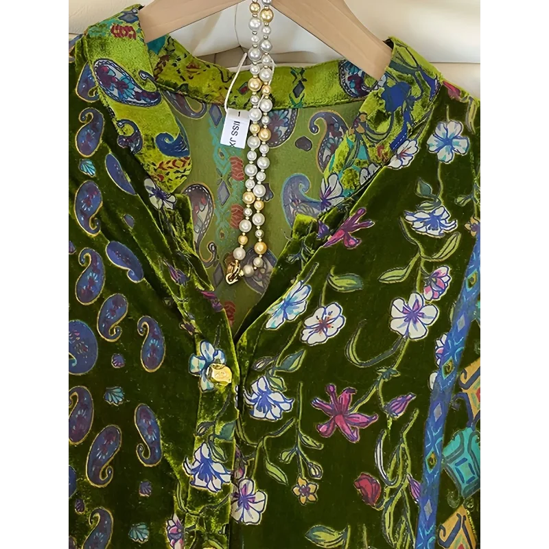 Emerald Velvet Mosaic: Lantern-Sleeve Vintage Blouse | Neo-Chinese Top, Lantern Sleeve, V-Neck, Botanical Velvet, Daily or Evening Wear