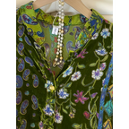 Emerald Velvet Mosaic: Lantern-Sleeve Vintage Blouse | Neo-Chinese Top, Lantern Sleeve, V-Neck, Botanical Velvet, Daily or Evening Wear