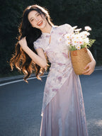 Lilac Floral Asymmetric Maxi Qipao Dress | Neo-Chinese Cheongsam, Elegant Summer Dress, Garden Party & Daily Wear