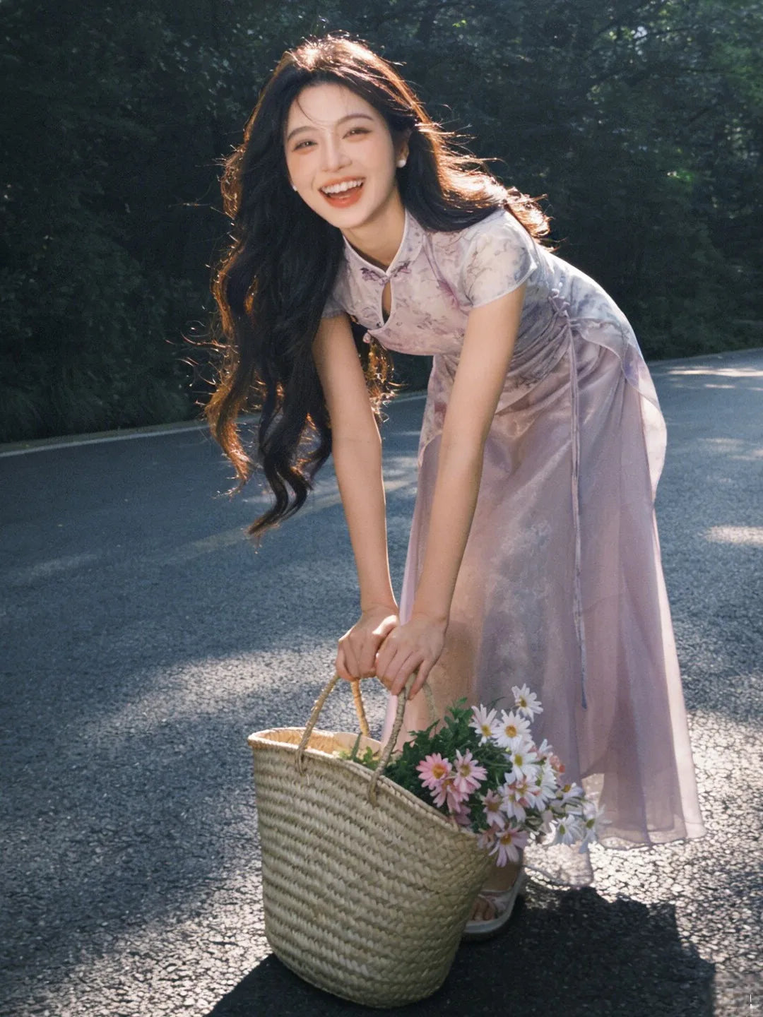Lilac Floral Asymmetric Maxi Qipao Dress