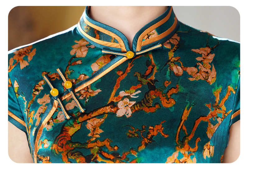 Emerald Teal Mulberry Silk Floral Branch Qipao Dress | Neo-Chinese Cheongsam, Elegant Modern Oriental Dress, Elegant Evening / Daily Wear