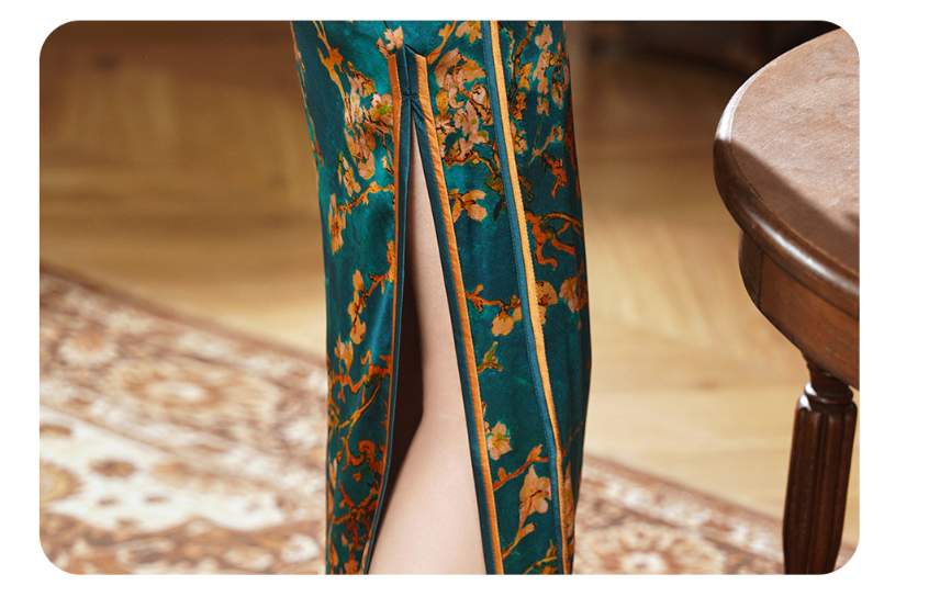 Emerald Teal Mulberry Silk Floral Branch Qipao Dress | Neo-Chinese Cheongsam, Elegant Modern Oriental Dress, Elegant Evening / Daily Wear