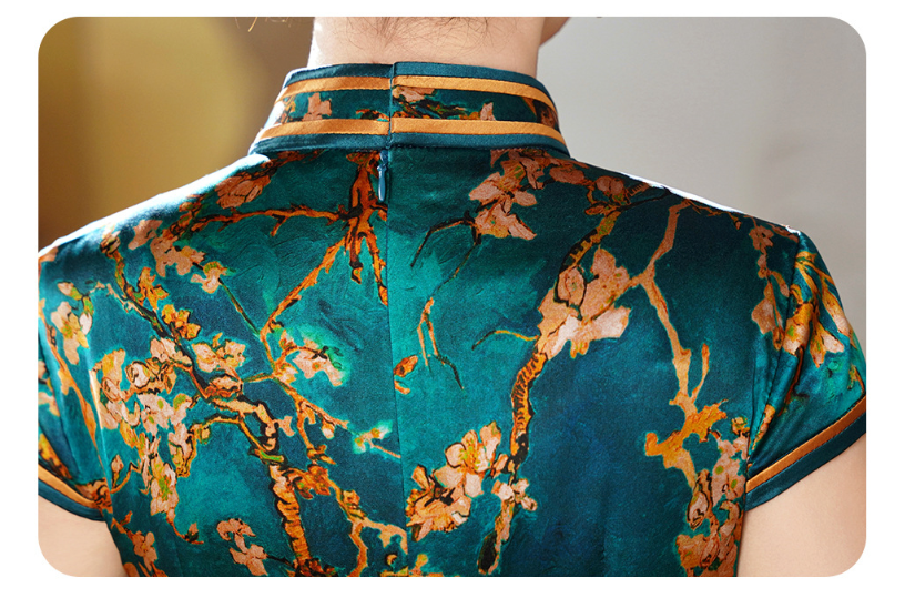 Emerald Teal Mulberry Silk Floral Branch Qipao Dress | Neo-Chinese Cheongsam, Elegant Modern Oriental Dress, Elegant Evening / Daily Wear