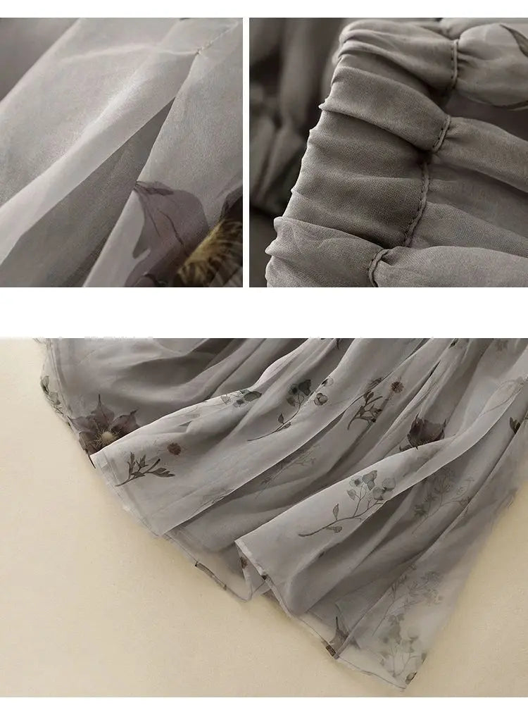 Mist Grey Botanical Midi Skirt | Neo-Chinese Style, Floral Print, A-Line Silhouette, Elegant Daily Wear