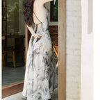 Ink Wash Marble Maxi Dress | Neo-Chinese Qipao-Inspired Gown, Modern Evening Wear, Artistic Photoshoot Dress