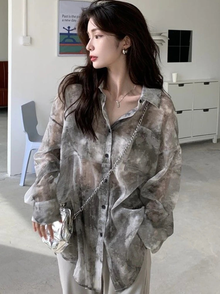 Ink-Wash Mist: Oversized Tie-Dye Shirt | Vintage Sun-Protection Summer Blouse | Breathable Korean Style Top