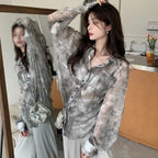 Ink-Wash Mist: Oversized Tie-Dye Shirt | Vintage Sun-Protection Summer Blouse | Breathable Korean Style Top