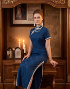 Neo-Oriental Teal Jacquard Qipao - Modern Chinese Style Cheongsam Dress with White Lace Trim & Mandarin Collar