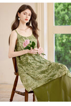 Forest Green Botanical Sleeveless Maxi Dress | Neo-Chinese Style, Contemporary Qipao-Inspired Dress, Summer Daily Wear