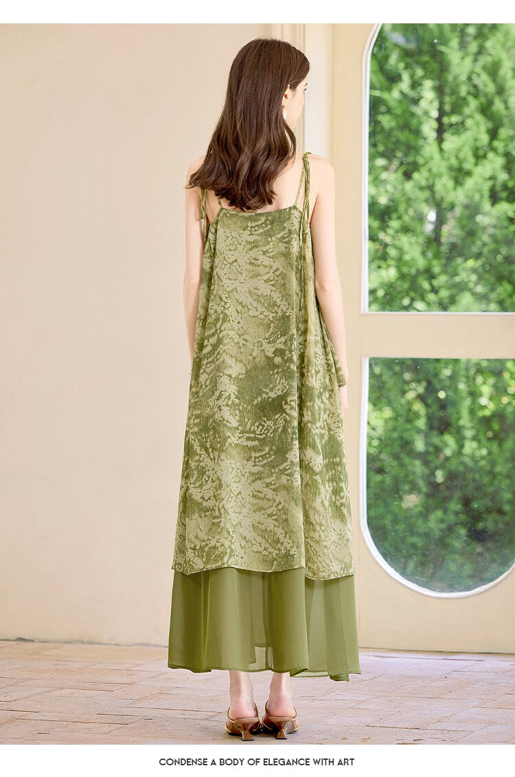 Forest Green Botanical Sleeveless Maxi Dress | Neo-Chinese Style, Contemporary Qipao-Inspired Dress, Summer Daily Wear