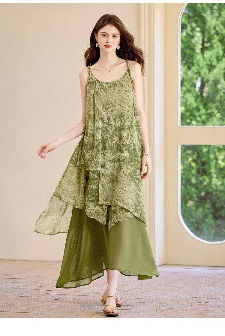 Forest Green Botanical Sleeveless Maxi Dress | Neo-Chinese Style, Contemporary Qipao-Inspired Dress, Summer Daily Wear