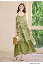 Forest Green Botanical Sleeveless Maxi Dress | Neo-Chinese Style, Contemporary Qipao-Inspired Dress, Summer Daily Wear