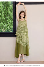 Forest Green Botanical Sleeveless Maxi Dress | Neo-Chinese Style, Contemporary Qipao-Inspired Dress, Summer Daily Wear