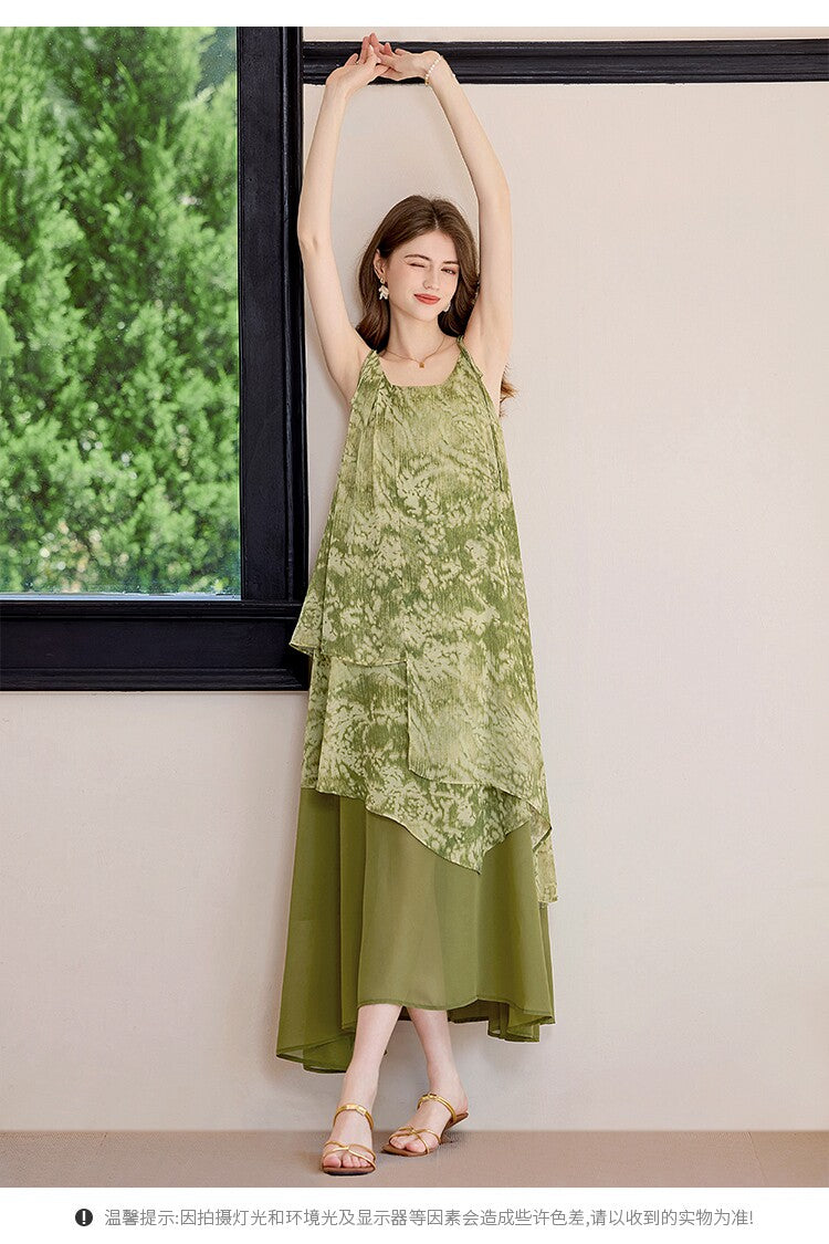 Forest Green Botanical Sleeveless Maxi Dress | Neo-Chinese Style, Contemporary Qipao-Inspired Dress, Summer Daily Wear