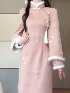 Pink embroidered long-sleeve qipao dress, full front