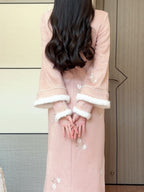 Pink long-sleeve qipao dress, back view