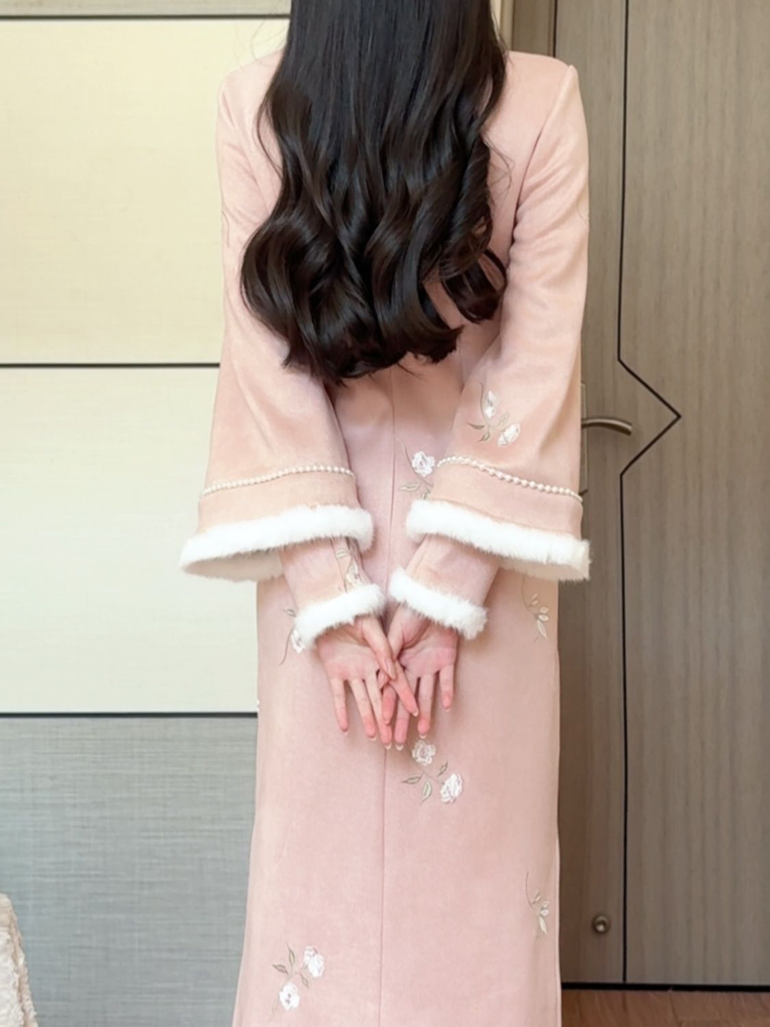 Pink long-sleeve qipao dress, back view