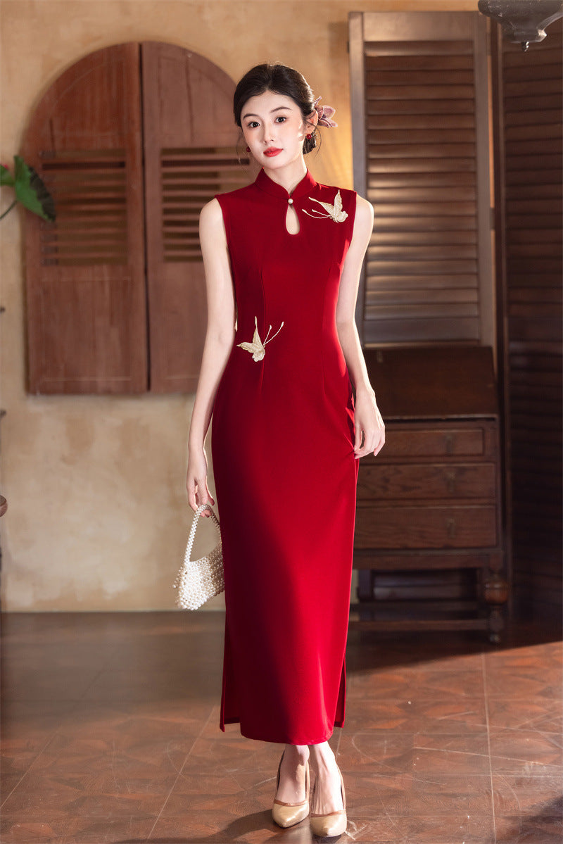 Wine red crane embroidered wedding qipao dress, front view