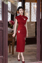 Red crane jacquard qipao worn walking
