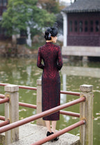 Back view of the wine red long-sleeve cheongsam dress
