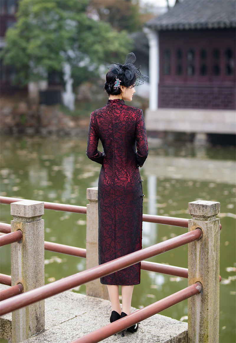 Back view of the wine red long-sleeve cheongsam dress
