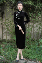 Full-length view of the black velvet bamboo embroidered qipao