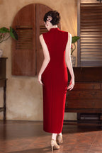 Back view of the wine red wedding qipao dress