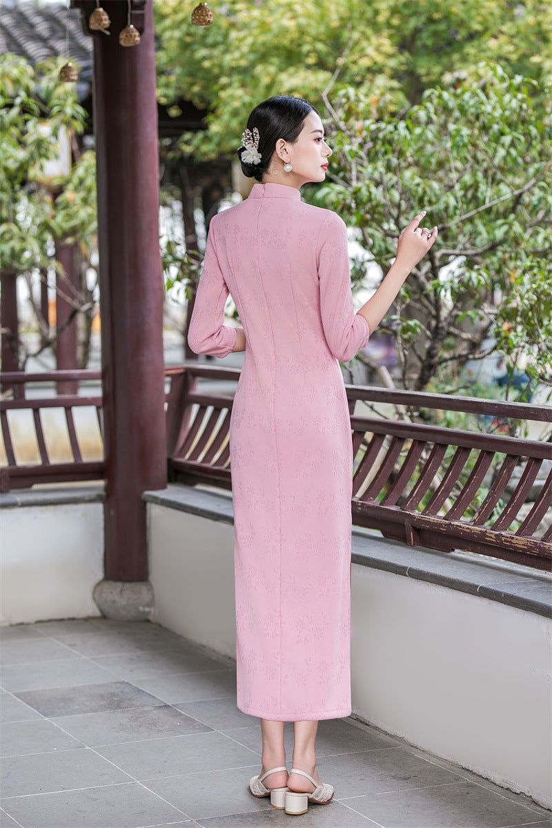 Pink long qipao dress, back view