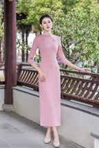 Pink knit jacquard qipao dress, full length front