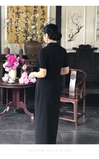 Back view of the long black qipao dress