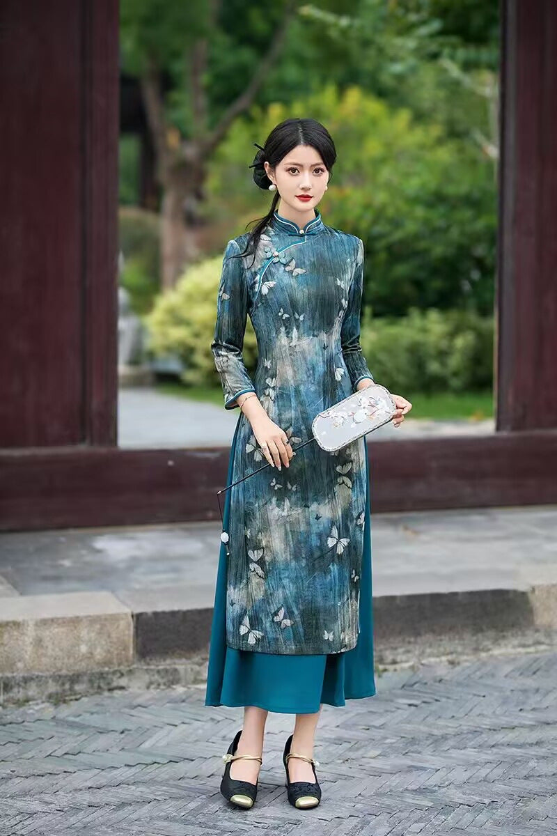 Teal velvet butterfly print ao dai-inspired qipao dress, front view