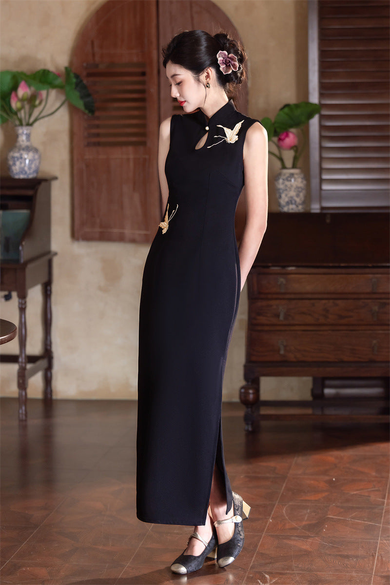 Black crane embroidered qipao dress, front view