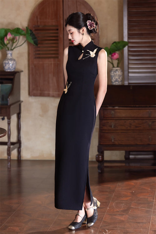 Black crane embroidered qipao dress, front view