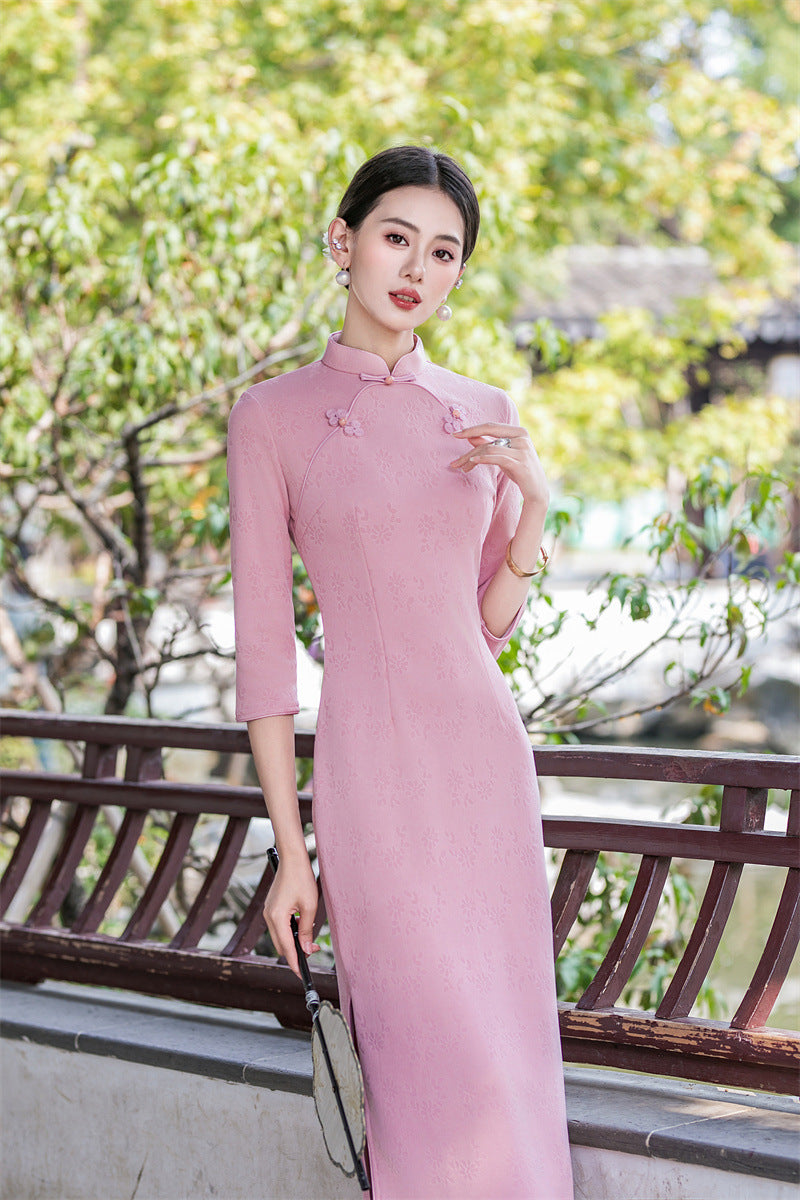 Pink qipao dress mandarin collar and frog buttons