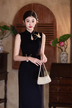 Full-length black crane embroidered cheongsam