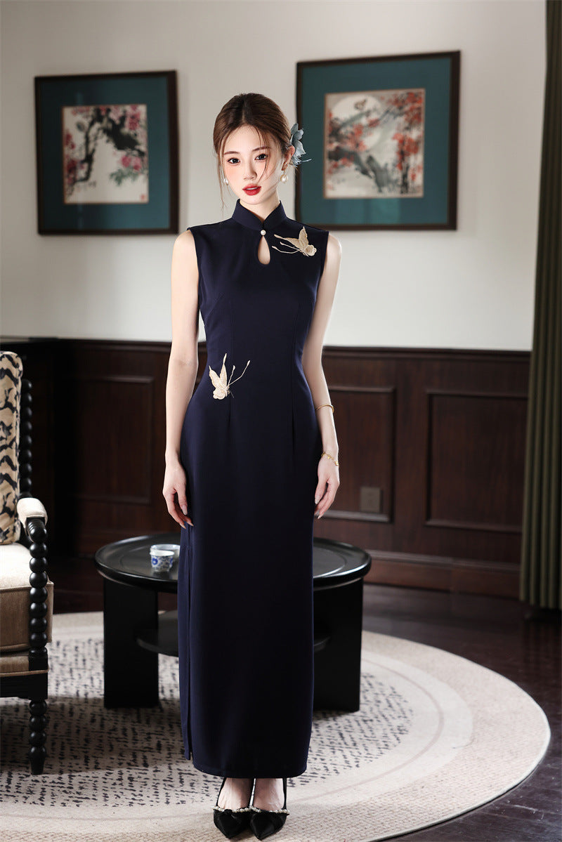 Navy crane embroidered qipao dress, front view
