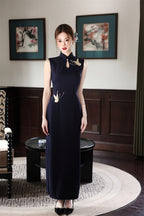 Navy crane embroidered qipao dress, front view