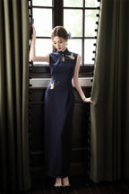 Three-quarter view of the navy crane embroidered cheongsam